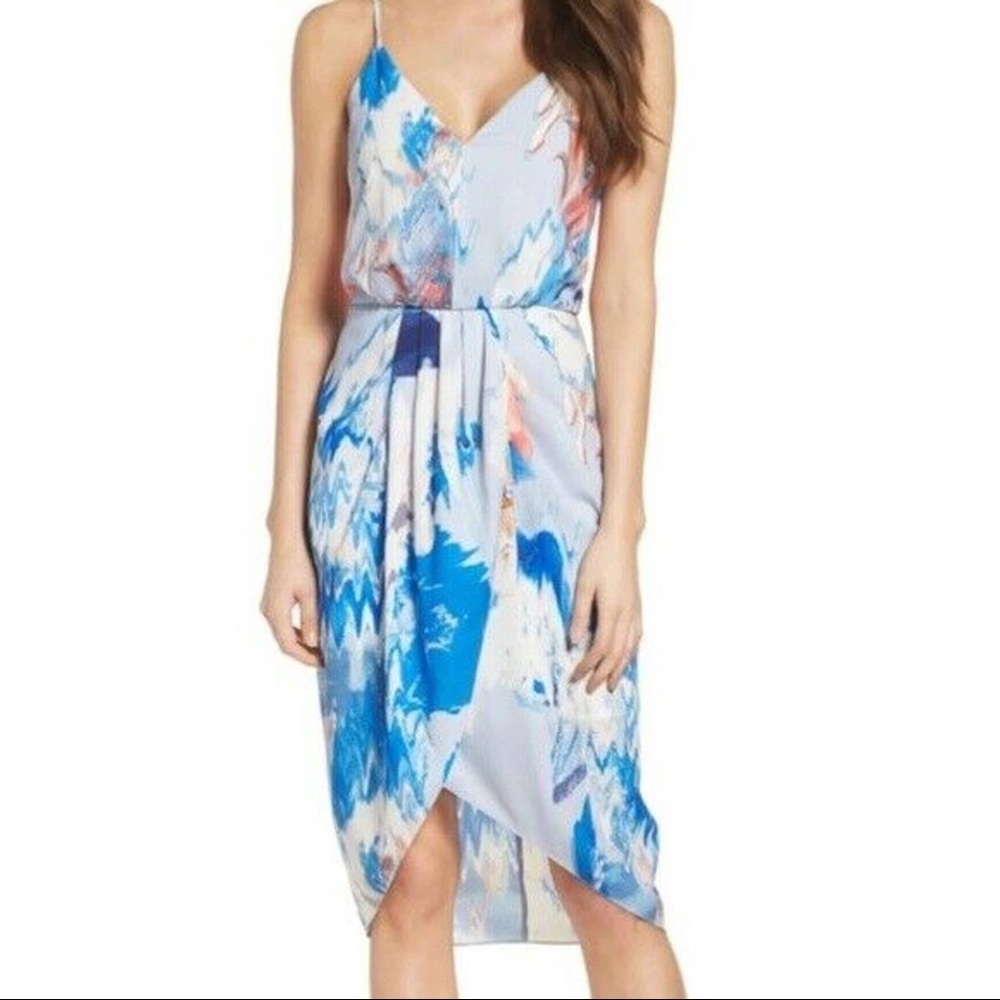Chelsea28 Faux Wrap Dress Blue Ice Abstract Print